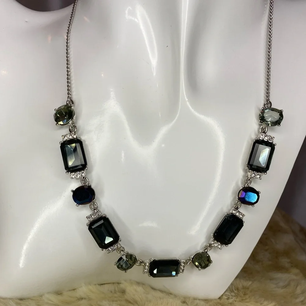 Givenchy Pave Blue Stone Crystal Accent Silver Tone Collar Necklace